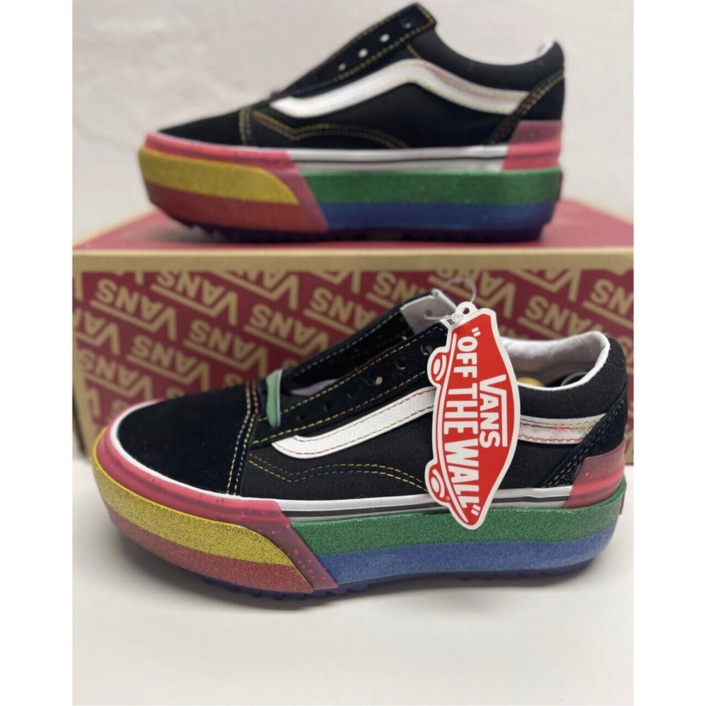 Vans Platform Sneakers‎ Old Skool Stacked Women Size 6 Black Glitter Rainbow New